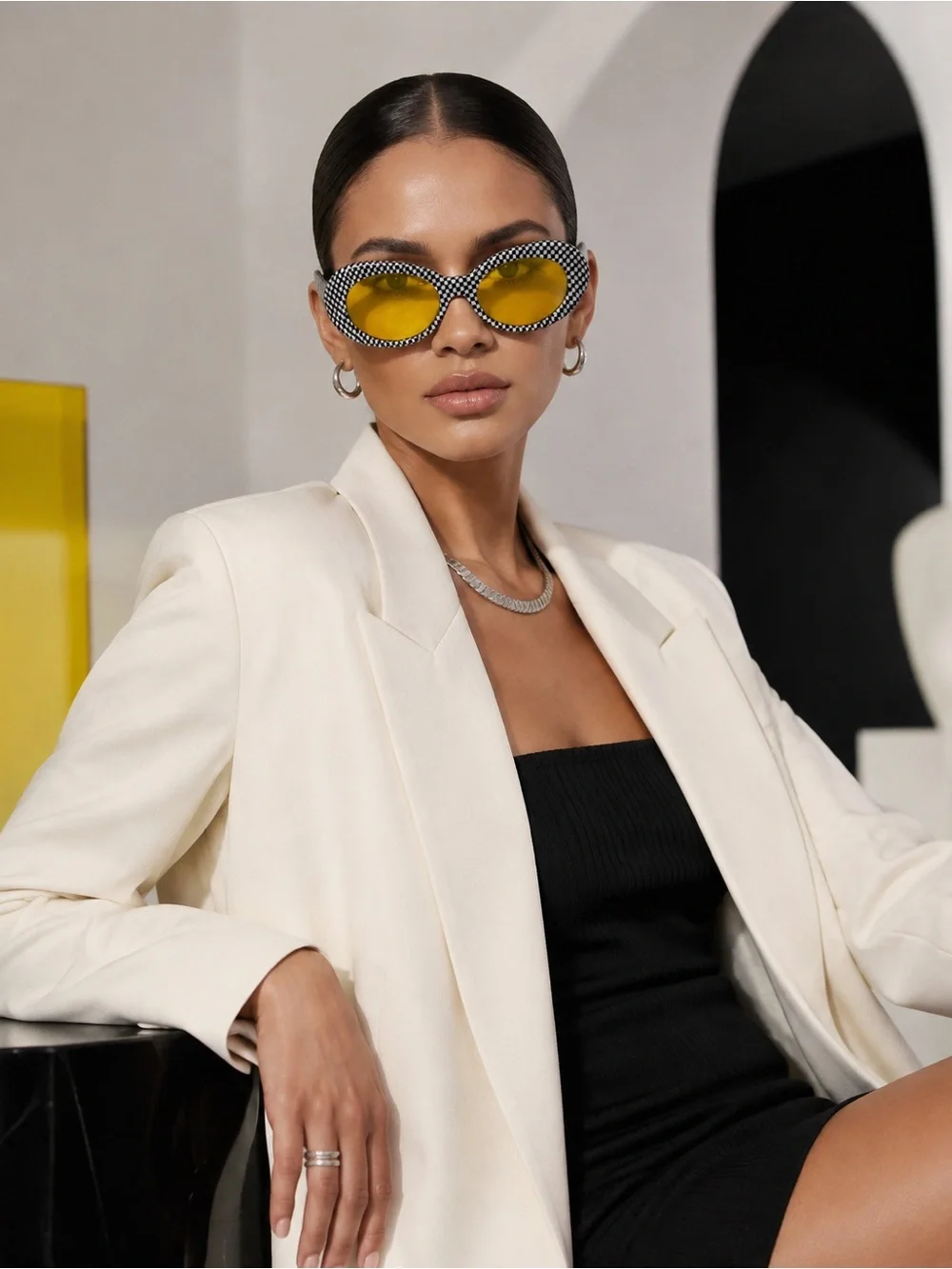 Black White Checkerboard Oval Sunglasses Yellow Lenses Mod Y2K